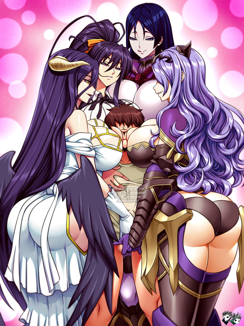 1boy 4girls akeno_himejima albedo_(overlord) ass balls big_ass black_panties boots breast_sandwich breast_smother camilla_(fire_emblem) censored cleavage collaborative_handjob crossover fate_(series) female female_focus fire_emblem fire_emblem_fates girl_sandwich groping handjob has_uncensored_version high_school_dxd huge_breasts inner_thighs jadenkaiba large_breasts light-skinned_female light-skinned_male light_skin male minamoto_no_raikou_(fate/grand_order) multiple_girls nintendo overlord_(maruyama) panties penis_grab ponytail purple_hair rubbing rubbing_penis sandwiched smile surrounded_by_breasts thick_thighs thigh_boots thighs