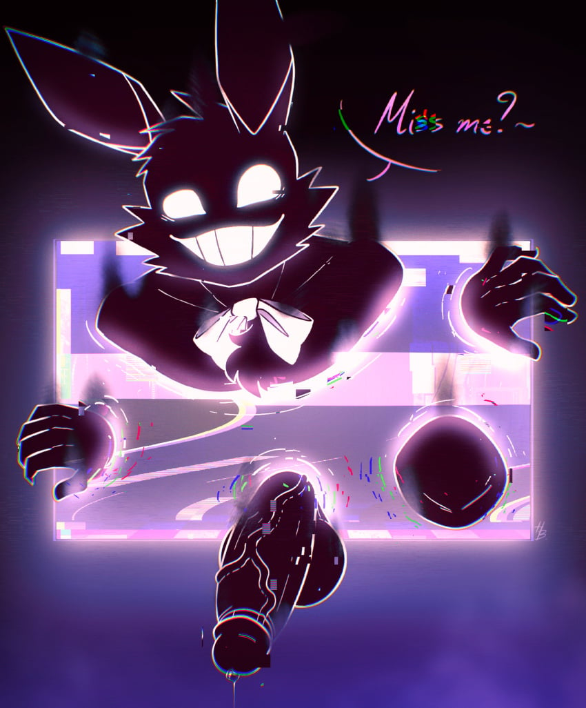 animatronic big_balls big_penis black_fur bowtie computer_screen five_nights_at_freddy's five_nights_at_freddy's_2 fnaf glitch hornbunxx huge_balls huge_cock lagomorph looking_at_viewer male male_only precum precum_drip presenting_penis rabbit shadow_bonnie simple_background smile solo speech_bubble text white_bowtie white_eyes