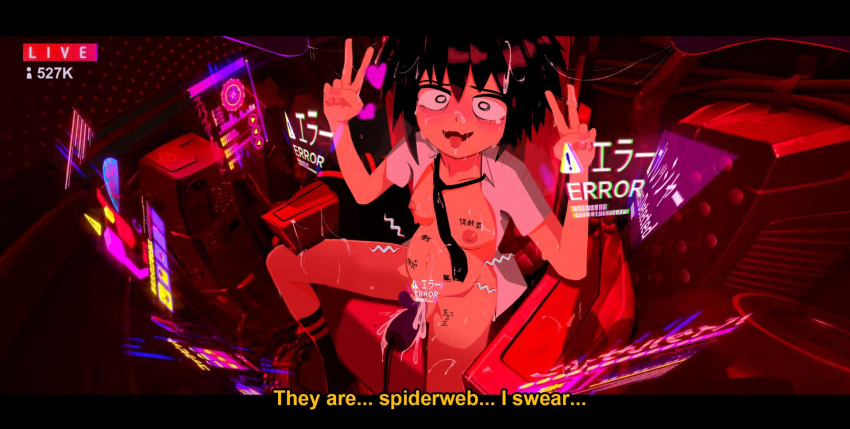 1girls accurate_art_style after_sex asian asian_female black_hair breasts caught cockpit cum cum_inside double_peace_sign english_text goatwithsauce heart inflation light-skinned_female light_skin livestream marvel masturbation mecha nipples no_bra no_panties open_mouth open_shirt peace_sign peni_parker petite short_hair small_breasts spider-man:_into_the_spider-verse spider-man_(series) spread_legs text tie vaginal_object_insertion