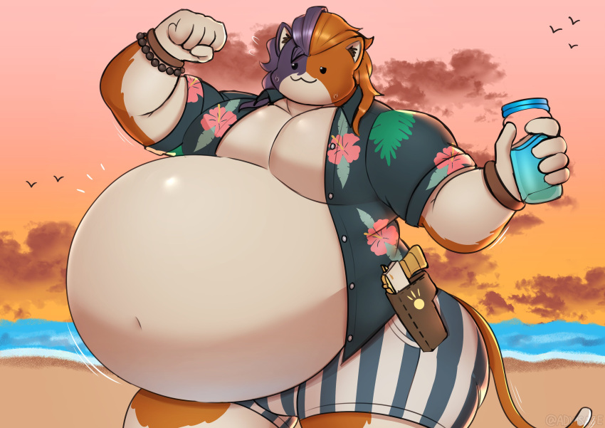 adv1sage afternoon bara beach big_ass big_belly big_breasts big_thighs clothed flexing fortnite fortnite:_battle_royale furry gun half-closed_eyes inflation long_hair male male_only meowscles_(fortnite) muscles pistol purradise_meowscles sea slurp_(fortnite) smug solo solo_male striped_legwear summer sweat tummy v1sage