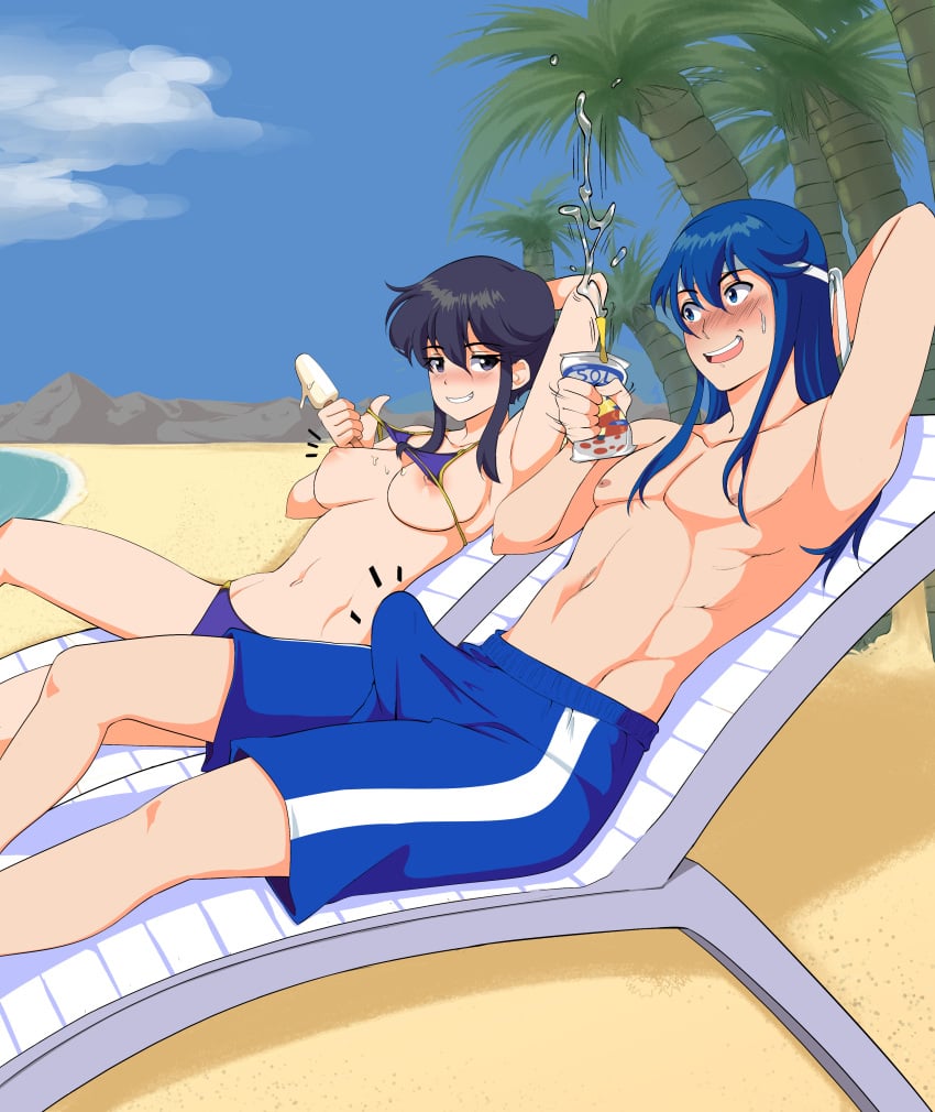 1boy 1girls absurdres alternate_costume alternate_hairstyle assertive_female bad_source beach bikini bikini_pull bikini_top_lift black_hair blue_hair blush breasts bulge chair clothes_lift clothes_pull come_hither commission commissioner_upload couple crushing day drinking_straw dripping erection erection_under_clothes exposing_breasts exposing_self eye_contact fefex female fire_emblem fire_emblem:_genealogy_of_the_holy_war flashing flashing_breasts food hair_down headband highres holding holding_food holding_popsicle ice_cream juice_box larcei_(fire_emblem) lifted_by_self looking_at_another lounge_chair lying male male_swimwear melting_popsicle naughty_face navel nervous nervous_sweating nintendo nipples ocean open_mouth palm_tree popsicle popsicle_melting presenting purple_bikini purple_swimsuit rs40uchiha seductive_smile self_exposure seliph_(fire_emblem) sexually_suggestive showing_breasts showing_nipple smile smug summer sweat swim_trunks swimsuit teasing tomboy tree