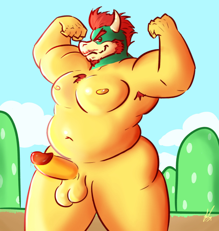 absurd_res anthro armpit_hair balls belly bodily_fluids body_hair bowser breasts chest_tuft chubby_anthro chubby_male erection facial_hair flexing gaygoat genital_fluids genitals hi_res koopa male male_only mario_(series) nintendo nipples nude outdoors pecs penis precum scalie simple_background solo super_mario_bros. thick_thighs tuft