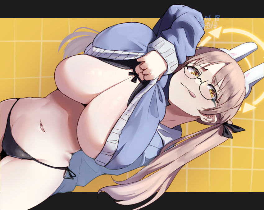 1girls big_breasts black_bra black_panties blue_archive bra breasts busty curvaceous curvy curvy_body curvy_female curvy_figure female female_only glasses huge_breasts large_breasts light-skinned_female light_skin mkck_(miki_chika) moe_(blue_archive) panties rabbit_squad_(blue_archive) round_glasses solo srt_special_academy_student sweater sweater_lift twintails voluptuous