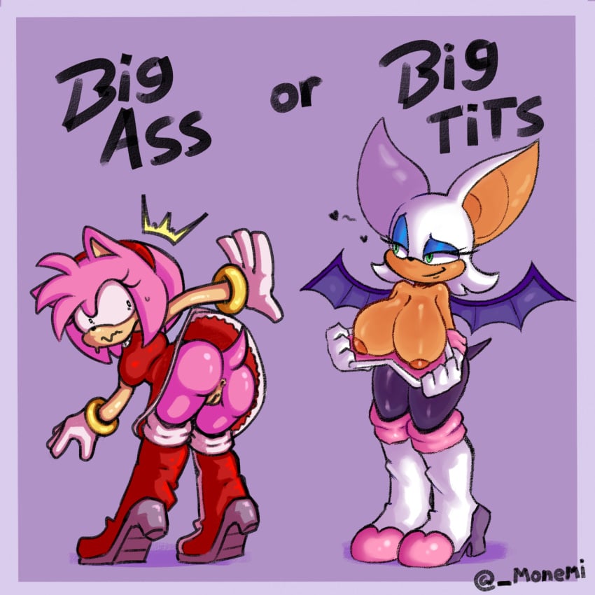 amy_rose anthro anus bat bat_wings bent_over big_breasts boots bottomless breast_envy breasts clothed clothing comparing duo eulipotyphlan female flashing flashing_breasts footwear genitals hedgehog hi_res high_heeled_boots high_heels huge_breasts mammal membrane_(anatomy) membranous_wings monemi no_panties pussy rouge_the_bat sega simple_background smug sonic_(series) sonic_the_hedgehog_(series) upskirt wings