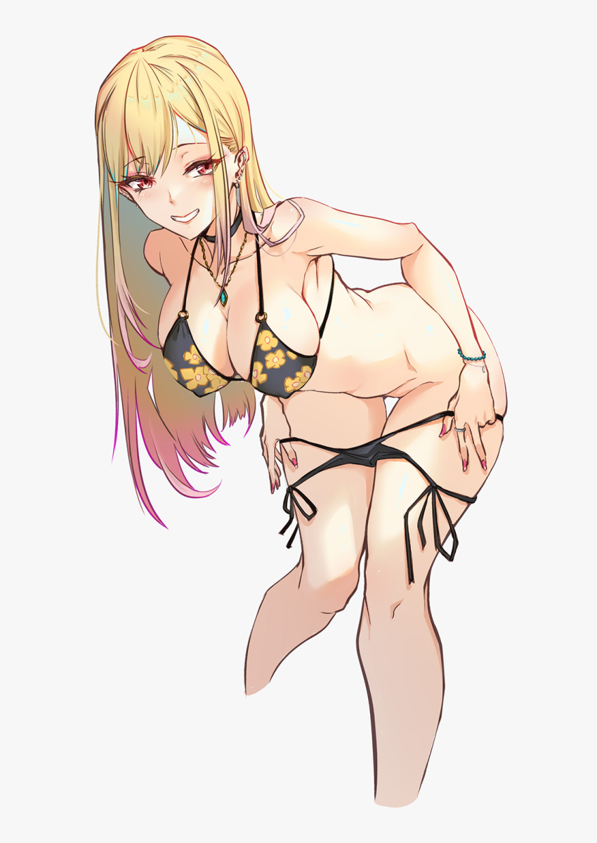 1girls 2022 alternate_version_available armpits bikini bikini_pull black_bikini black_collar blonde_hair bracelet breasts breath clothes_pull collar cropped_legs earrings female female_only floral_print gradient_hair grin halterneck heart highres jewelry kitagawa_marin large_breasts leaning_forward long_hair looking_at_viewer multi-strapped_bikini multicolored_hair navel necklace o-ring o-ring_bikini o-ring_top piercing pink_nails print_bikini red_eyes red_hair ring side-tie_bikini_bottom simple_background smile solo sono_bisque_doll_wa_koi_wo_suru standing string_bikini sunday_se7en swept_bangs swimsuit undressing white_background