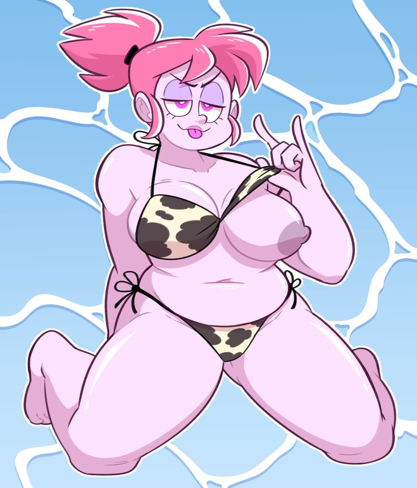 1girls big_ass big_breasts big_butt bikini bikini_bottom bikini_top cow_print goopabloopa lipstick nipple_slip one_breast_out one_nipple_out pink_hair pink_skin roxy_(herny) tongue_out