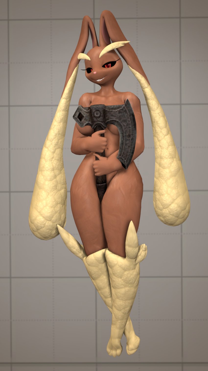 3d axe covering_breasts holding_axe lopunny pokemon pokemon_(species) smug