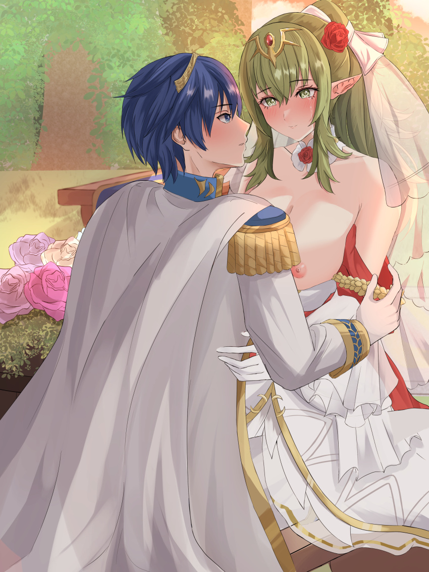 1boy 1girls bare_shoulders blue_eyes blue_hair breasts breasts_out bridal_veil bride cape collarbone crying crying_with_eyes_open dress female fire_emblem fire_emblem:_mystery_of_the_emblem fire_emblem:_shadow_dragon_and_the_blade_of_light fire_emblem_awakening fire_emblem_heroes gloves green_eyes green_hair happy_tears hug large_breasts long_hair looking_at_another male marth_(fire_emblem) more_at_source nintendo nipples off_shoulder peli_cantaro pointy_ears ponytail see-through short_hair shoulders smile tiki_(adult)_(bridal)_(fire_emblem) tiki_(adult)_(fire_emblem) tiki_(fire_emblem) veil wedding_dress