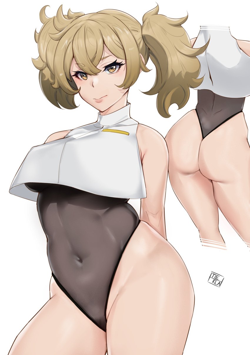 1girls 2022 absurdres alternate_version_available artist_logo artist_name ass black_one-piece_swimsuit breasts brown_eyes closed_mouth contrapposto covered_navel crop_top crossed_bangs female gundam gundam_suisei_no_majo hair_between_eyes highleg highleg_swimsuit highres light_brown_hair medium_breasts multiple_views one-piece_swimsuit renee_costa shirt simple_background sleeveless sleeveless_shirt standing swimsuit thighs tierla twintails white_background