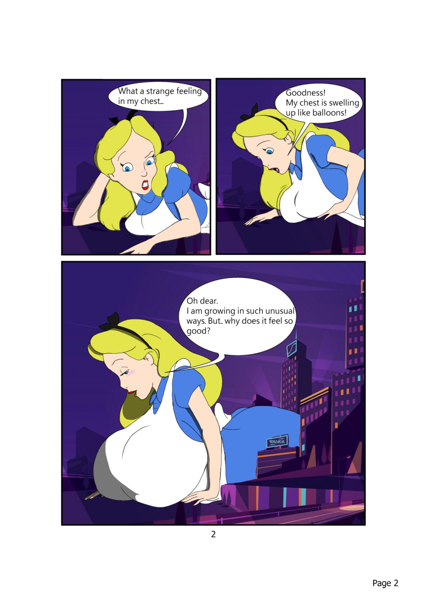 1girls alice_(disney) alice_in_wonderland alice_in_wonderland_(1951_film) alice_liddell big_ass big_boobs big_breasts blonde_hair blush blushing breast_expansion breasts_bigger_than_head disney edit female female_only giantalice giantess giantess-fan-comics giantess_growth inflation screenshot_edit