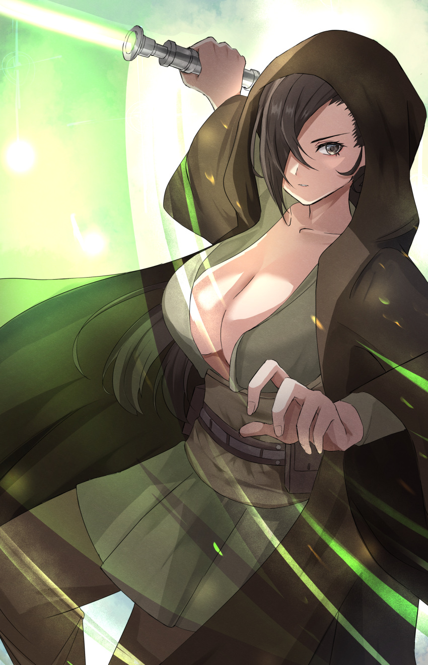 1girls absurdres alternate_costume breasts brown_eyes brown_hair cleavage collarbone commission energy_sword female female_only fire_emblem fire_emblem_fates green_lightsaber hair_over_one_eye highres holding holding_lightsaber holding_weapon hood kagero_(fire_emblem) large_breasts lightsaber long_hair long_sleeves looking_at_viewer motion_blur motion_lines nintendo peli_cantaro ponytail skeb_commission solo star_wars sword very_long_hair weapon