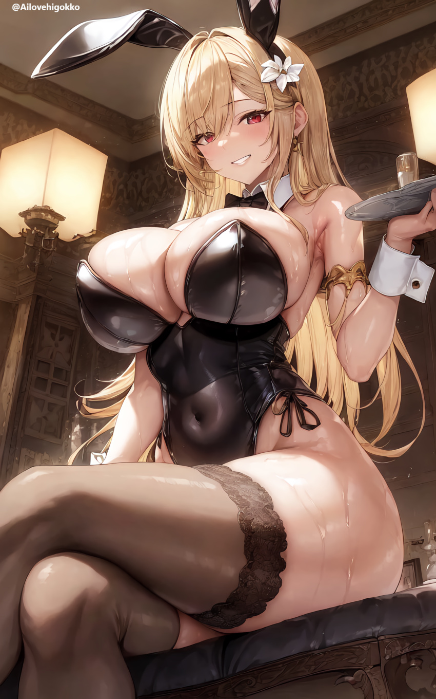 1girls 2023 ai_generated ai_love_higokko ass blonde_hair breasts bunny_club bunny_ears bunny_girl bunnysuit dat_ass female high_resolution highleg_leotard holaraai huge_ass huge_breasts leotard light-skinned_female light_skin massive_breasts naughty_face original original_character red_eyes smile thick_thighs voluptuous wet wet_body wide_hips