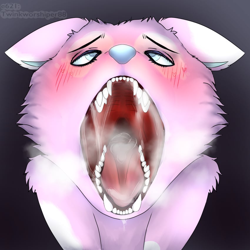 absurd_res ahe_gao ambiguous_gender anthro black_background black_eyebrows black_eyelashes blue_eyes blue_inner_ear blue_nose blue_pupils blush blush_lines bodily_fluids breath breath_cloud canid canine canine_teeth canis cheek_tuft cloud_(twinkworshiper88) cross-eyed cum cum_drip cum_in_mouth cum_in_throat cum_inside cum_on_chin cum_string drinking drinking_cum dripping ears_down excessive_saliva eyebrows facial_tuft female first_person_view fur gaping_mouth genital_fluids grey_background hi_res imminent_oral_vore imminent_vore looking_pleasured looking_up male mammal mouth_shot open_mouth panting pink_body pink_fur pivoted_ears predator/prey pupils saliva saliva_drip saliva_on_chin saliva_string sharp_teeth shoulder_tuft showing_teeth siliva simple_background solo spots teeth teeth_showing tuft twinkworshiper88 unnatural_colors white_spots wolf