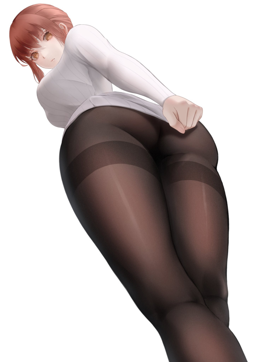 2023 big_breasts black_pantyhose breasts chainsaw_man covering_ass covering_butt kneepits looking_at_viewer looking_down low-angle_view makima_(chainsaw_man) red_hair ringed_eyes shimotsuki841 side_view sideboob sidelocks simple_background sweater sweater_dress thick_thighs thighs white_background white_dress white_sweater white_sweater_dress yellow_eyes