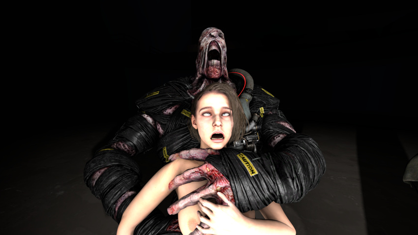 1female 1girls 1monster 3d belly_bulge female fucked_from_behind held_up jill_valentine nemesis_(resident_evil) resident_evil source_filmmaker twistedraven