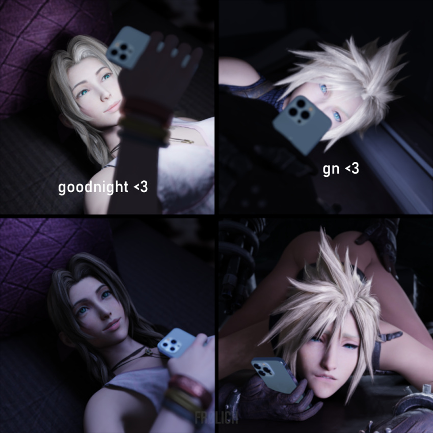 1girls 2boys 3d aerith_gainsborough barret_wallace blender breasts cloud_strife cuckquean dark-skinned_male dark_skin female final_fantasy final_fantasy_vii final_fantasy_vii_remake frolich gay implied_anal implied_sex interracial male meme one_of_those_nights phone uncensored yaoi