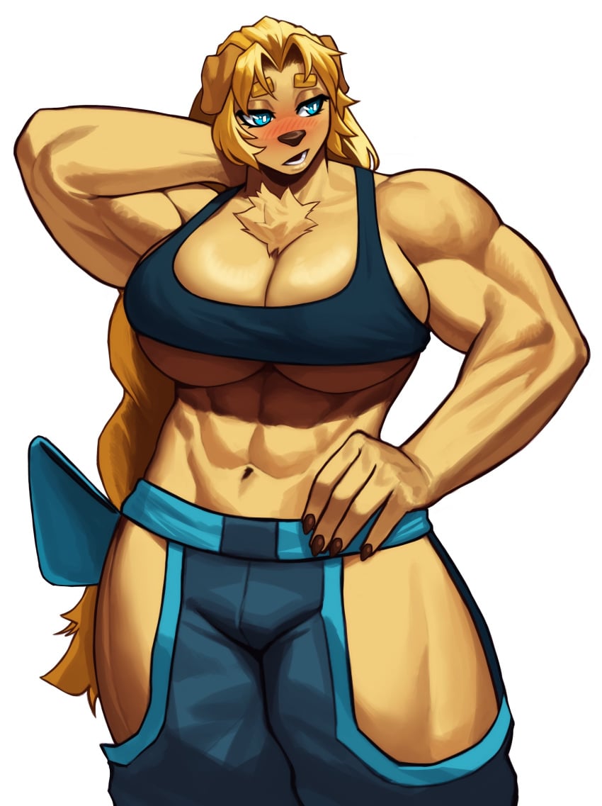 1girls anthro big_breasts blonde_hair blue_eyes blush breasts canine cleavage dog_ears dog_knight_rpg domestic_dog female female_only hand_behind_head hand_on_hip heavy_blush jeane_(ceehaz) long_hair looking_away muscles muscular muscular_female sideboob solo sotcho tank_top thick_thighs underboob very_high_resolution white_background