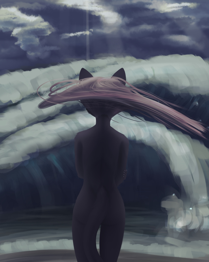 absurd_res anthro ass black_body black_fur cloud digital_media_(artwork) felid feline female ferrn fur hair hi_res huge_filesize mammal nails nude pantherine sea solo storm tail toshi_(ferrn) water wave white_hair