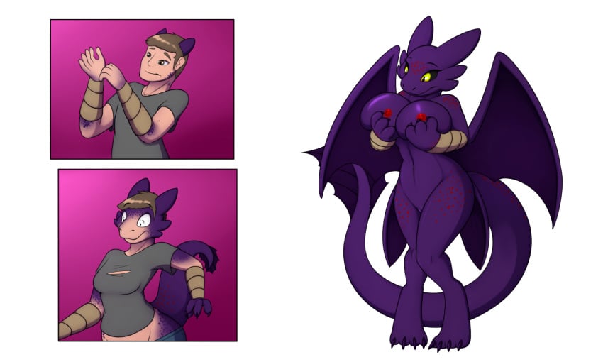 anthro ass_expansion big_breasts bracelet breast_expansion breasts brown_eyes colored comic dragon dreamworks female gender_transformation growth hi_res holding_breast how_to_train_your_dragon human jewelry male mammal mind_control mtf_transformation night_fury nipples purple_body scalie solo species_transformation surprised_expression tail tail_growth tomek1000 topless transformation wardrobe_malfunction western_dragon wings yellow_eyes