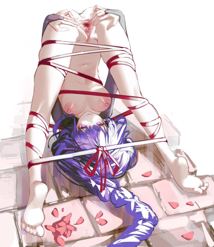 1girls breasts female female_only genshin_impact iumu light-skinned_female long_hair purple_eyes purple_hair raiden_shogun rope rope_bondage spread_legs spread_pussy tagme