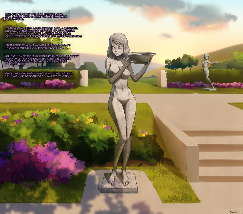 1girls asfr english_text garden inanimate_transformation nominu permanent petrification statue statuefication text transformation