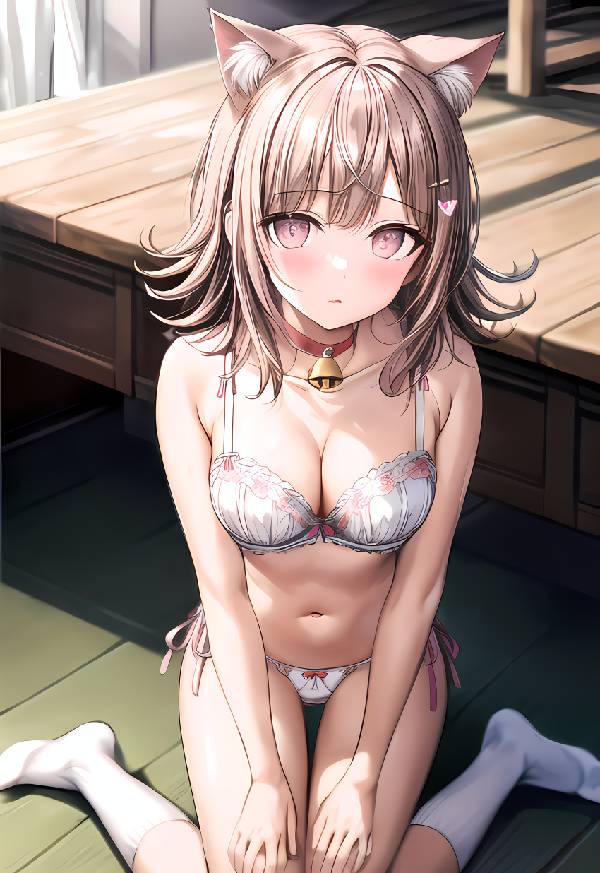 ai_generated animal_ear_fluff animal_ears bangs bare_arms bare_shoulders bell blush bow bow_bra bow_panties bra breasts brown_hair cat_ears cat_tail chiaki choker cleavage collar collarbone danganronpa danganronpa_2:_goodbye_despair eyebrows_visible_through_hair female hair_ornament hairclip indoors jingle_bell kneehighs kneeling large_breasts long_hair looking_at_viewer medium_breasts medium_hair mole mole_under_eye nanami_chiaki navel neck_bell no_shoes on_floor panties parted_lips side-tie_panties sitting socks solo stomach super_danganronpa_2 thighs underwear underwear_only wariza white_bra white_legwear white_panties wooden_floor