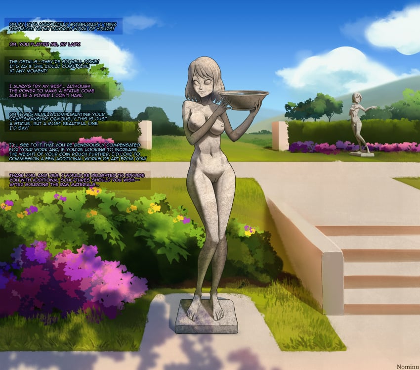 1girls asfr english_text garden inanimate_transformation nominu permanent petrification statue statuefication text transformation