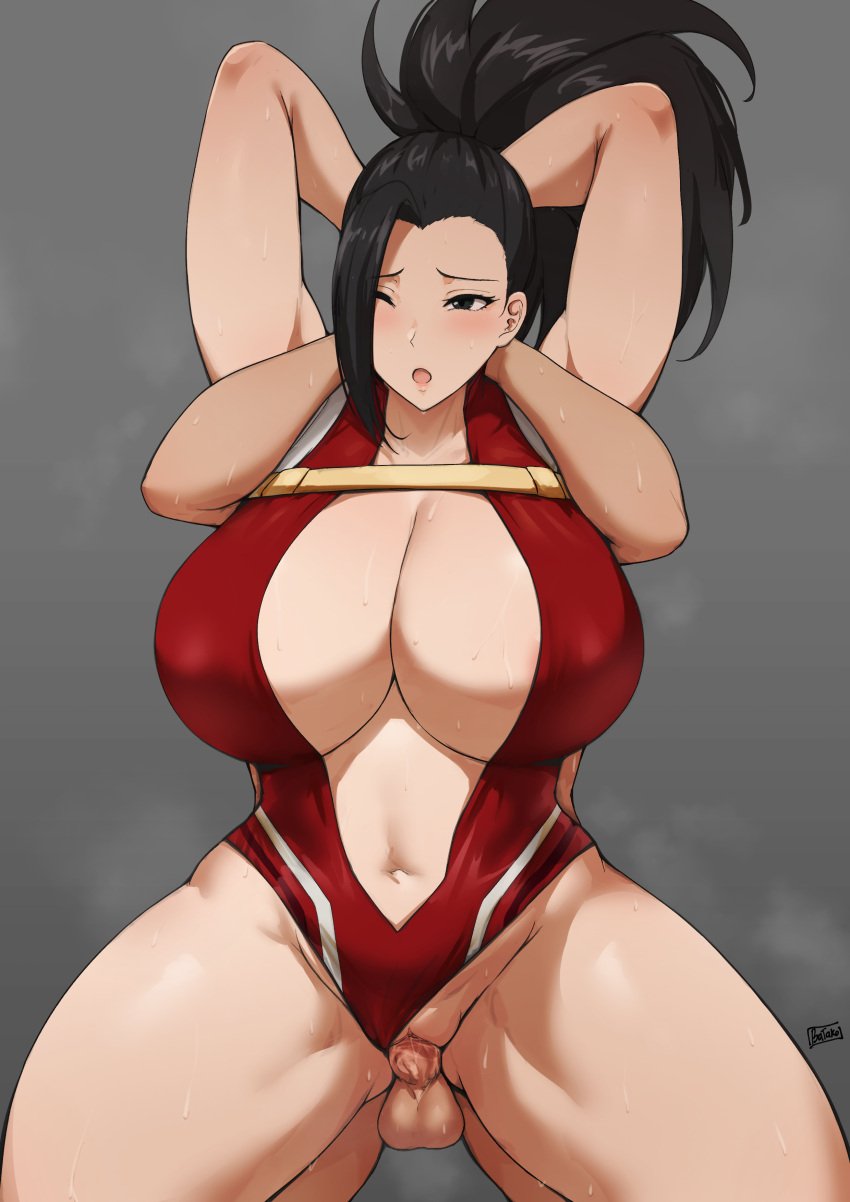 1girls armpits arms_behind_head arms_up batako black_hair blush breasts center_opening chest_strap cleavage curvaceous female from_behind hero_outfit_(mha) highres huge_breasts impossible_opening leotard long_hair male momo_yaoyorozu my_hero_academia navel penis ponytail pussy revealing_clothes sex stomach thick_thighs thighs tied_hair underboob wide_hips yaoyorozu_momo