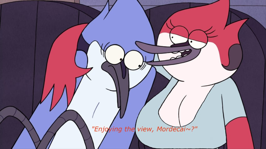 1boy 1female 1girls 1male accurate_art_style avian avian_humanoid bedroom_eyes big_breasts breast_expansion breasts cartoon_network cleavage dialogue ggedits horny horny_female huge_breasts imminent_sex large_breasts lidded_eyes looking_at_breasts margaret_smith_(regular_show) mordecai_(regular_show) non-mammal_breasts regular_show screencap screenshot screenshot_edit staring_at_breasts tease teasing