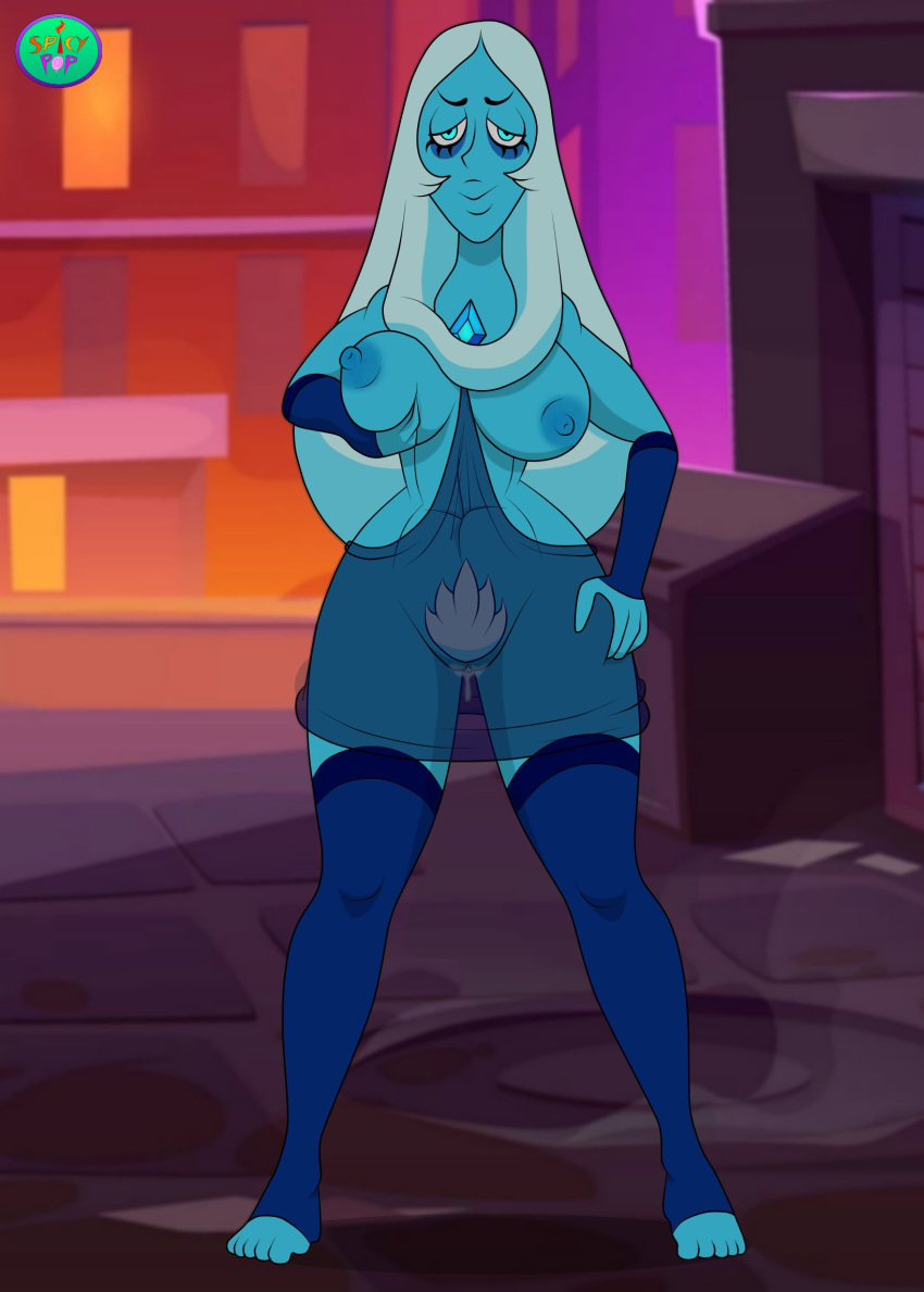 alternate_version_available big_breasts blue_body blue_diamond_(steven_universe) blue_eyes blue_hair blue_skin cartoon_network grabbing_own_breast hand_on_hip humanoid long_hair looking_at_viewer pubic_hair spicypop steven_universe