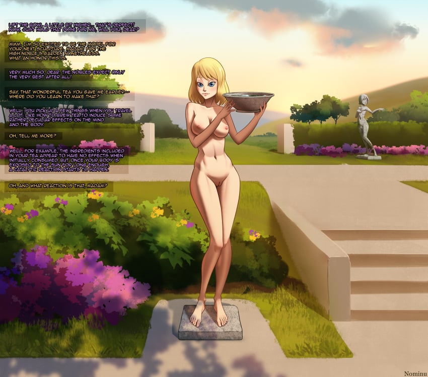 1girls asfr english_text garden inanimate_transformation nominu outdoors permanent petrification statue statuefication text transformation