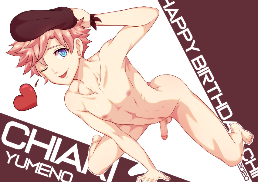 1boy absurdres barefoot beret blue_eyes brown_background collarbone completely_nude full_body hand_on_floor hand_on_headwear hat heart highres linea_alba male_focus mikkoukun multicolored_background nipples nude one_eye_closed original penis pink_hair skinny solo solo_male tongue tongue_out white_background yumeno_chiaki