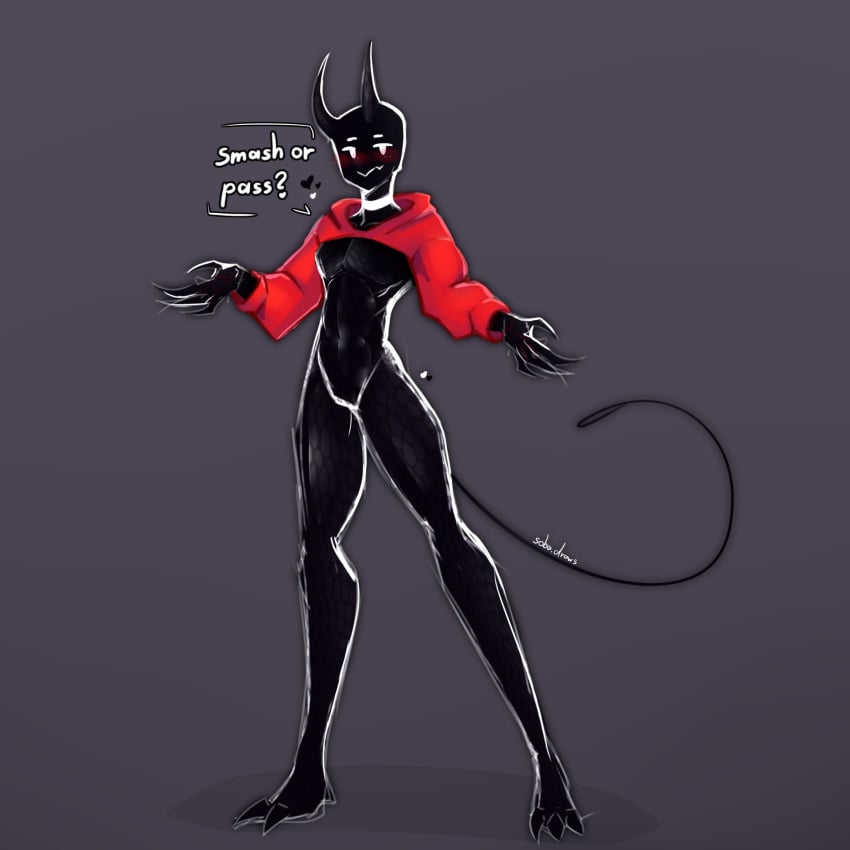 2d ambiguous_gender black_body blush crop_top demon featureless_crotch hoodie horns monty_nsfw monty_smug mostly_nude open_arms original original_character skinny slender_waist small_waist smile tail text white_eyes