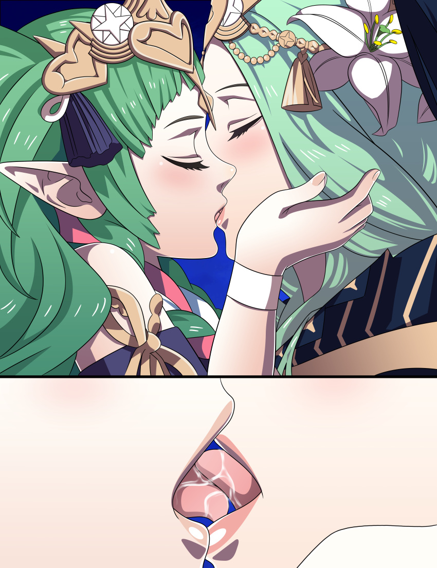 2girls bangs braid close-up closed_eyes female female_only femdom fire_emblem fire_emblem:_three_houses french_kiss green_hair hand_on_face incest leenvidia long_hair mother_and_daughter mouth_fetish multiple_girls nintendo open_mouth pointy_ears rhea_(fire_emblem) saliva sothis_(fire_emblem) tongue tongue_out twin_braids twintails yuri