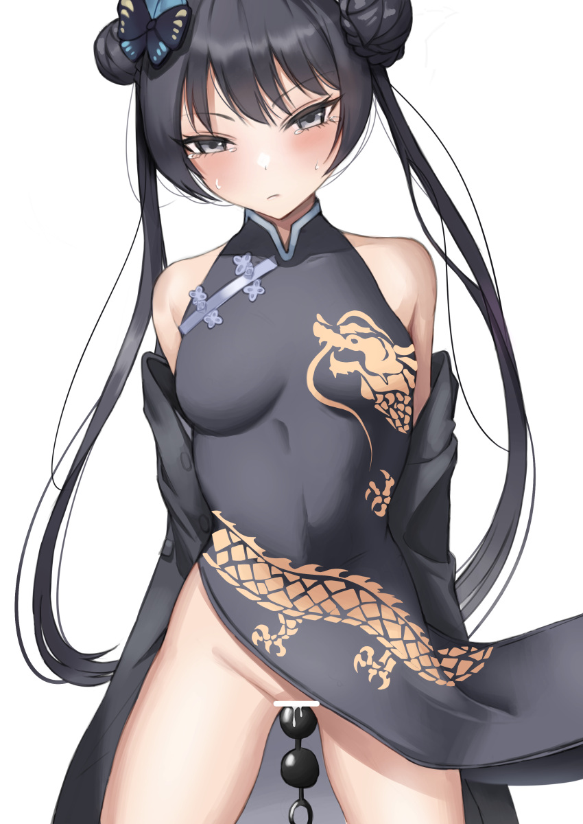 absurdres bar_censor beads black_hair black_jacket blue_archive blush breasts butterfly_hair_ornament censored china_dress chinese_clothes double_bun dragon_print dress female genryumon_(blue_archive) grey_eyes hair_bun hair_ornament highres inkcat jacket kisaki_(blue_archive) long_hair looking_at_viewer medium_breasts object_insertion print_dress shanhaijing_secondary_school_student simple_background sleeveless sleeveless_dress solo standing tears thighs twintails vaginal_object_insertion vaginal_penetration white_background