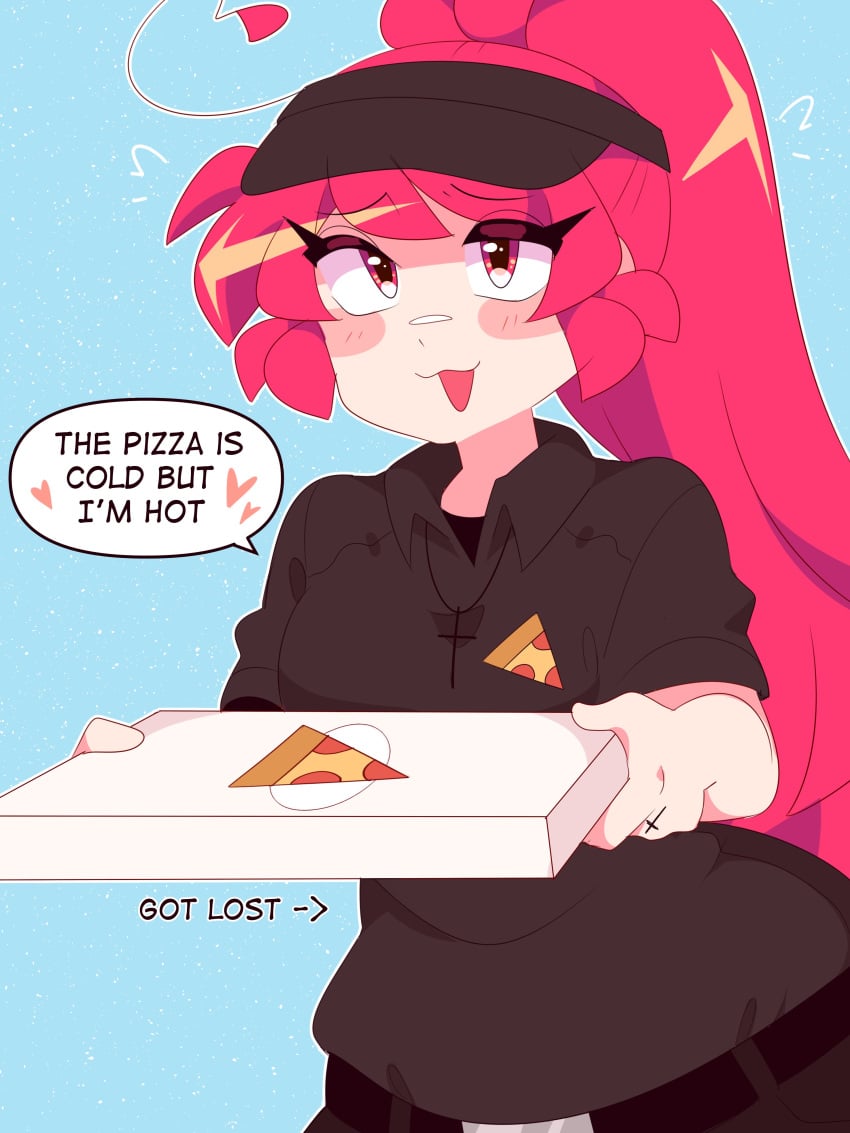 :3 employee_uniform english_text fast_food_uniform female flirting lee_(secretnarcissist) pizza_delivery pizza_girl ponytail secretnarcissist shy text wide_hips