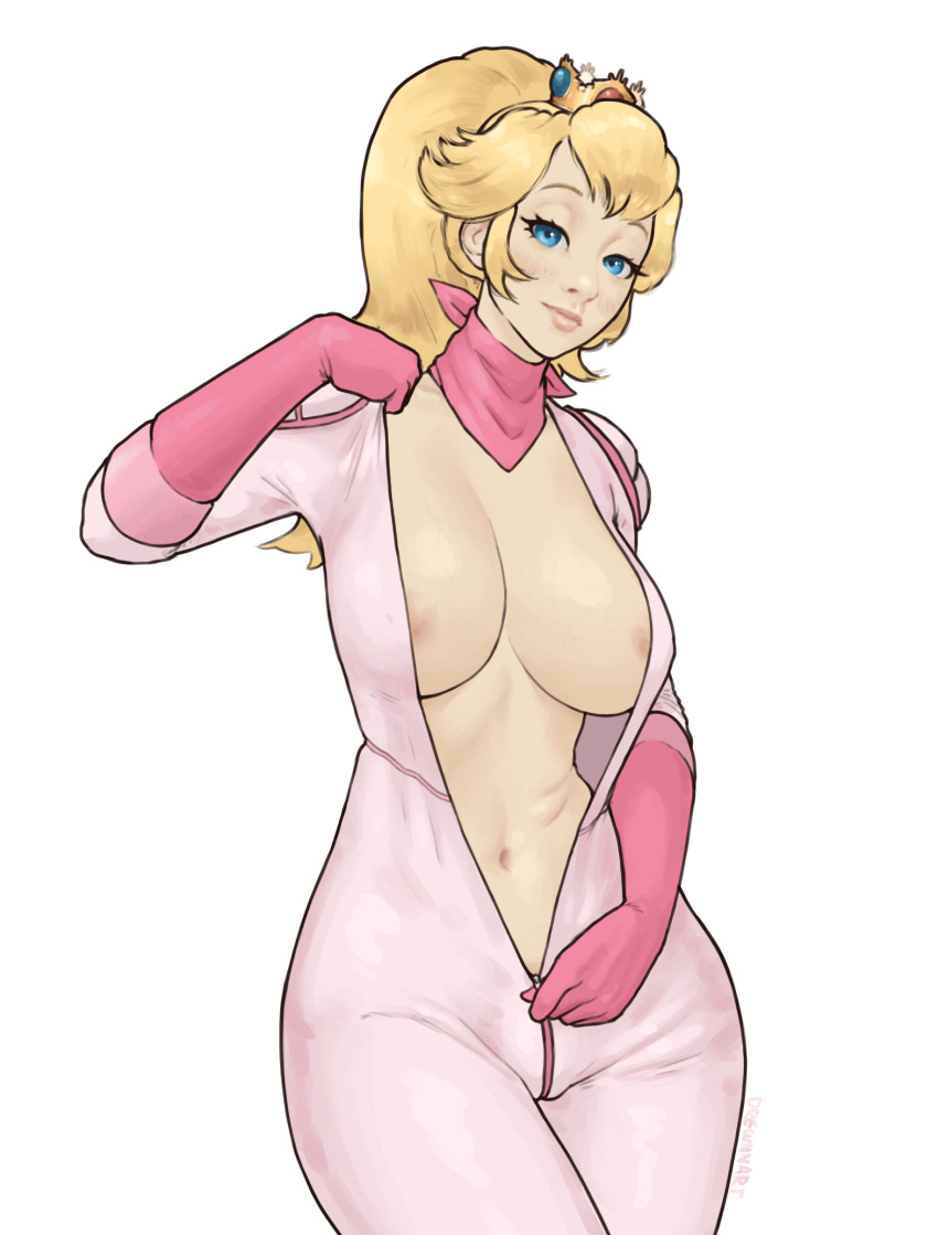 1girls areola blonde_hair bodysuit cleavage drewnn large_breasts mario_(series) nintendo princess_peach solo super_mario_bros._(2023_film) undressing unzipping white_background