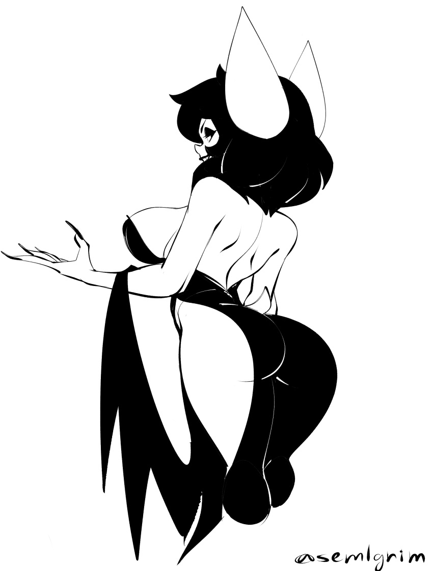 1girls anthro ass bat_ears black_hair breasts chiropteran dress eva_(sem-l-grim) female female_only long_fingernails long_hair looking_at_viewer looking_back looking_back_at_viewer narrowed_eyes rear_view sem-l-grim smiling smiling_at_viewer solo very_high_resolution white_background white_body