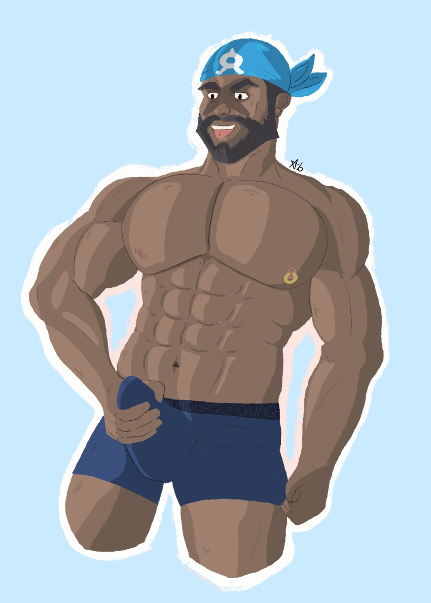 1boy abs archie_(pokemon) artist_logo artist_request bandana bara beard boner boxers_(clothing) bulge bulge_grab bulge_through_clothing dark-skinned_male dark_skin erection facial_hair grinning huge_pecs human looking_down male male_nipples male_only manly muscles muscular_male mustache nipple_piercing nipple_ring no_visible_genitalia pecs pectorals penis_bulge shirtless smooth_skinned_male solo tattoo team_aqua tongue tongue_out underwear_only