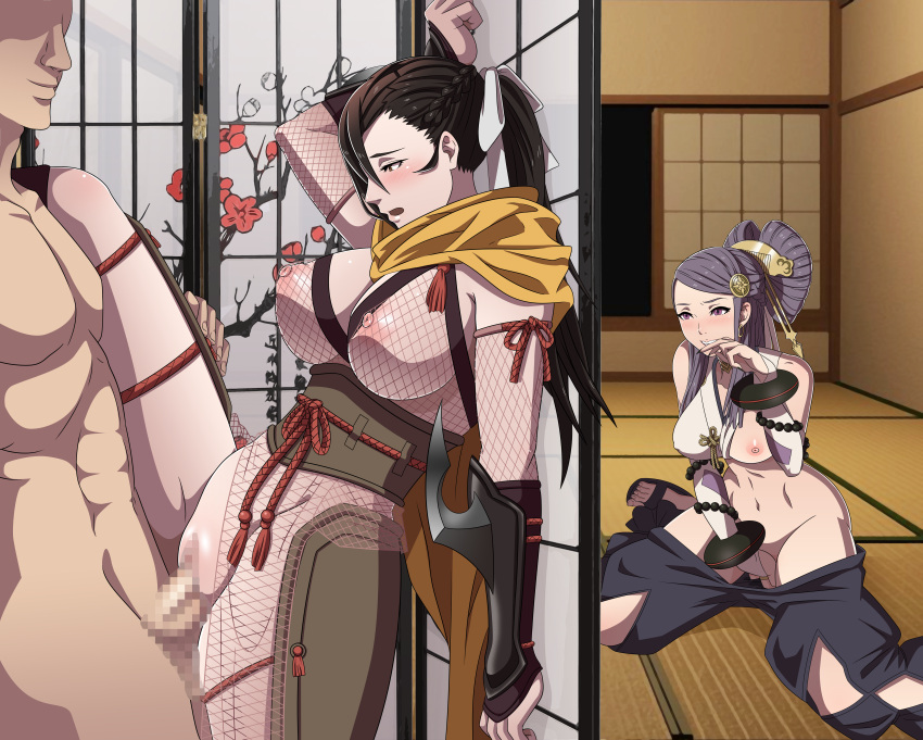 1boy 2girls against_wall bare_thighs black_nails braid breasts breasts_out brown_eyes brown_hair caught censored covered_nipples female female_focus fingering fingering_self fire_emblem fire_emblem_fates fishnets grin hair_over_one_eye huge_breasts indoors inner_thighs kagero_(fire_emblem) large_breasts leenvidia leg_grab leg_up long_hair long_nails masturbation multiple_girls nail_polish nintendo nipples nude nude_female one_breast_out orochi_(fire_emblem) pants_down pelvic_curtain pink_eyes ponytail purple_hair pussy sex smile standing standing_sex stealth_masturbation straight t-square_position thighs vaginal_penetration voyeur