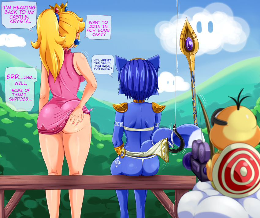 anthro ass ass_focus ass_grab back backside bench blonde blonde_hair blue_fur blue_hair butt camera clouds commission crossover crown female_focus fishing_hook fishing_line fox fox_ears fox_girl fox_tail g-string grabbing_own_ass hook krystal lakitu loincloth loincloth_lift mario_(series) oblivious panties pink_dress princess_peach recording sigurdhosenfeld sitting skirt_lift staff star_fox thong unaware white_thong