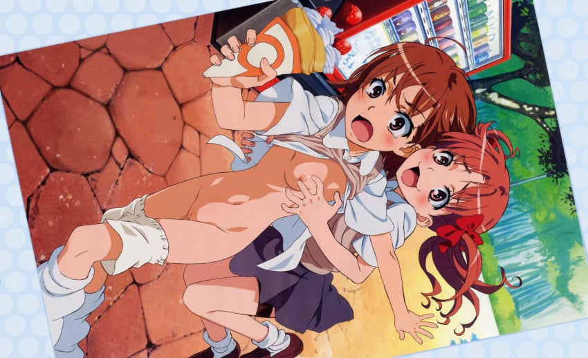 2girls blush breast_grab detexted embarrassed female human jpeg_artifacts loose_socks misaka_mikoto multiple_girls nipples nopan nude_filter oppai photoshop public public_nudity pussy school_uniform schoolgirl shirai_kuroko shorts_down socks tanaka_yuuichi teenage_girl teenager to_aru_kagaku_no_railgun to_aru_majutsu_no_index tokiwadai_school_uniform white_socks young