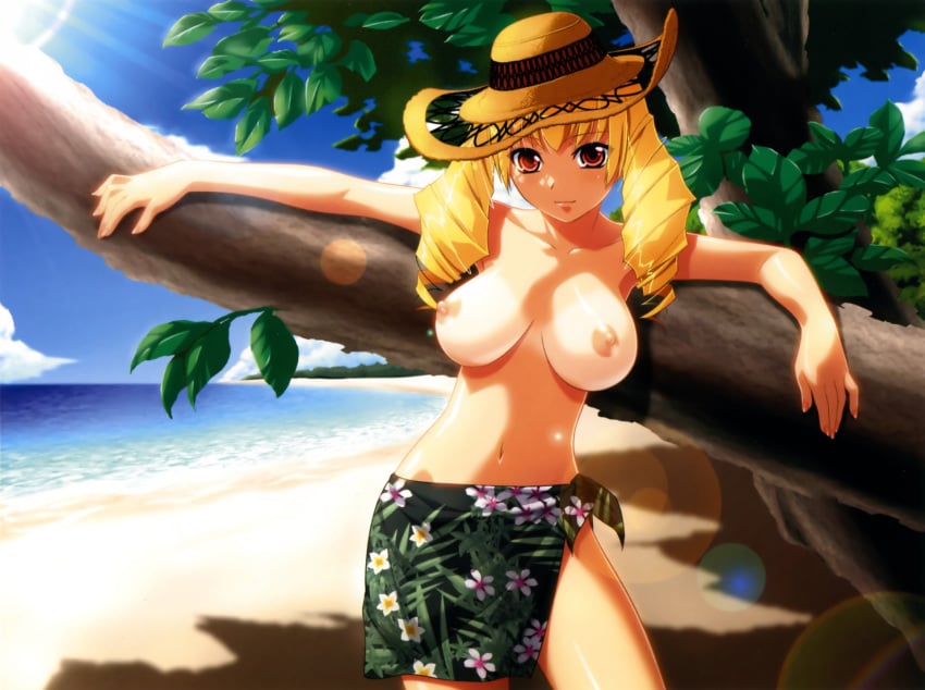 1girls against_tree beach bikini blonde_hair breasts breasts_apart clothing dark_skin drill_hair female floral_print hat high_res highres ino large_breasts leaf lens_flare long_hair medium_breasts mizugi nipples ocean oppai oshioki_sweetie outstretched_arms red_eyes sarong shinmeiji_rinn sky smile solo spread_arms sun_hat tan tanline tanlines tanned tied_hair topless tree twin_drills twintails water