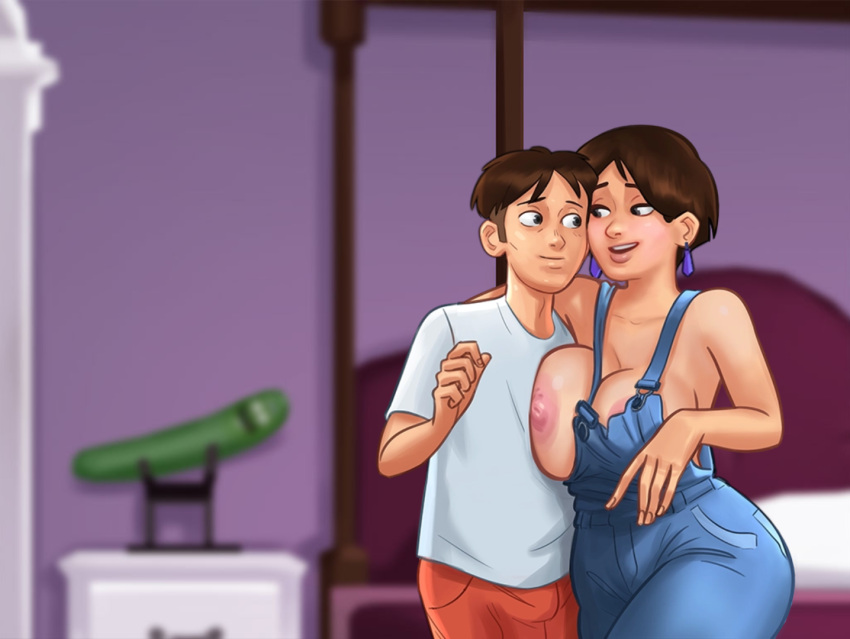 1boy 1girls 2d areolae arm_behind_head bed bedroom big_breasts bottomwear breast_press breast_squeeze breasts breasts_out brown_hair brown_hair cleavage clothed clothing clothing_aside darkcookie diane_(summertime_saga) digital_drawing_(artwork) digital_media_(artwork) drunk duo ear_piercing earrings female flashing flashing_breasts horny horny_female light-skinned_female light-skinned_male light_skin looking_at_another looking_at_breasts looking_at_partner main_character_(summertime_saga) male male/female nipples no_bra overalls pants piercing piercings room shirt shorts smile smiling standing summertime_saga topwear