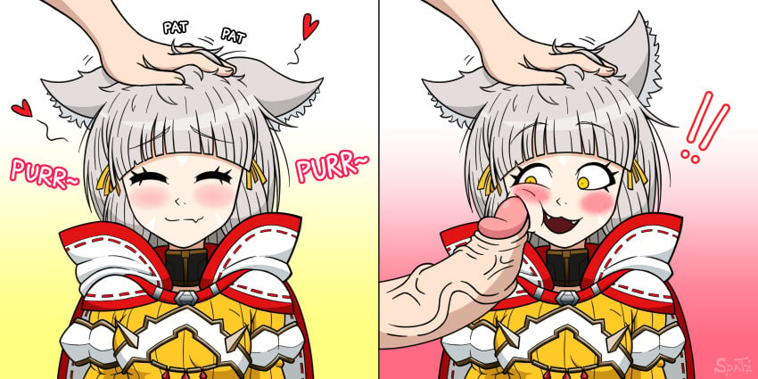 2_panel_comic big_penis blush cat_ears catgirl english_text fangs grey_hair head_pat heart nia nia_(xenoblade) penis_on_cheek penis_on_face petting purring short_hair sinnerspatz surprised surprised_expression veiny_penis xenoblade_(series) xenoblade_chronicles_2