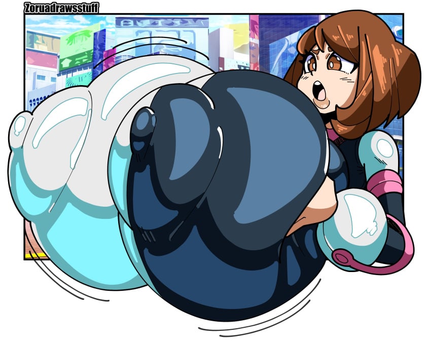 1girls areola_bulge breast_expansion brown_eyes brown_hair city city_background grabbing_own_breast groping groping_breasts hero_outfit_(mha) huge_breasts hyper hyper_breasts looking_at_breasts massive_breasts motion_lines my_hero_academia nipple_bulge ochako_uraraka open_mouth puffy_areola puffy_nipples short_hair squeezing squeezing_own_breasts superheroine uraraka_ochako zoruadrawsstuff