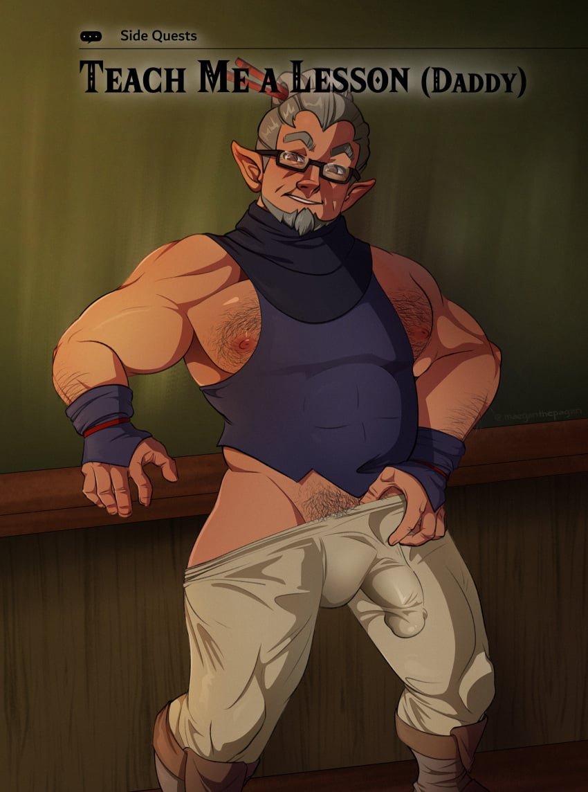 bara beard big_penis breath_of_the_wild bulge bulge_through_clothing chalkboard chubby chubby_male daddy glasses gloves grey_hair hair_bun hairy hairy_male hylian hylian_ears looking_at_viewer maeganthepagan male male_only mature mature_male nipples partially_clothed penis penis_out penis_under_clothes pubic_hair smile smiling_at_viewer solo teacher tears_of_the_kingdom the_legend_of_zelda thick_thighs