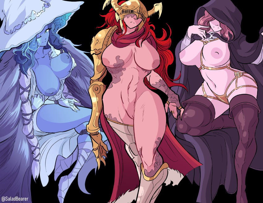 3girls armor armwear big_ass big_breasts blue_body blue_skin casual clothing elden_ring female female_only fromsoftware helmet human legwear malenia_blade_of_miquella melina_(elden_ring) multiple_girls nude outerwear pale_skin ranni_the_witch red_hair saladbearer thick_thighs