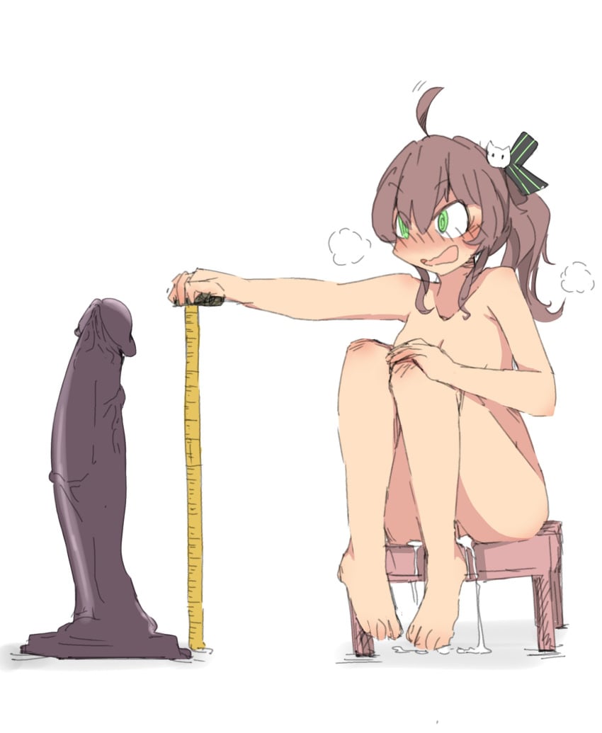 1girls ahoge black_ribbon blush brown_hair cat_hair_ornament completely_nude dildo giant_dildo gigantic_dildo green_eyes hair_ornament highres hololive hololive_gen_1 hololive_japan huge_dildo measuring natsuiro_matsuri nude on_stool pussy pussy_juice ribbon saba_lewd sex_toy side_ponytail simple_background sitting tape_measure uncensored virtual_youtuber white_background