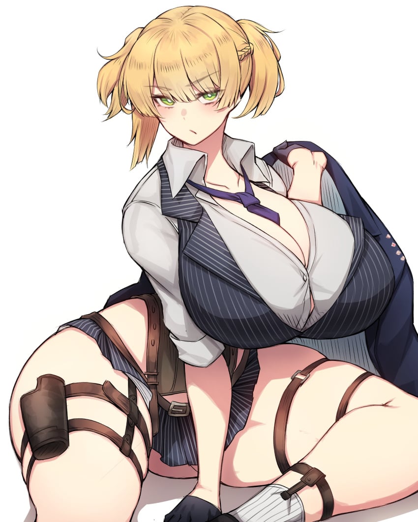 big_breasts blonde_hair clothed clothed_female girls'_frontline green_eyes looking_at_viewer rikuguma tagme thick_thighs thigh_strap thighs tie welrod_mkii_(girls'_frontline)